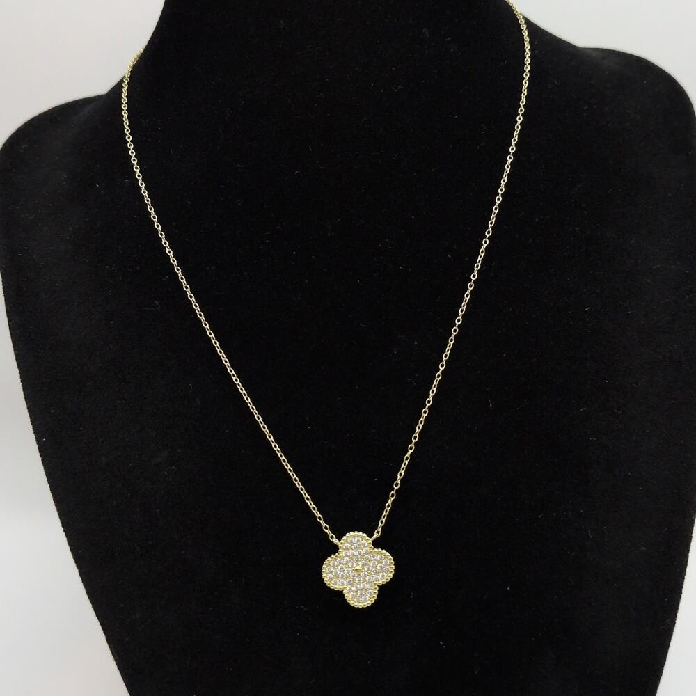 Gold Over Sterling Silver 925 Crystal Cluster Pave Clover Pendant Necklace